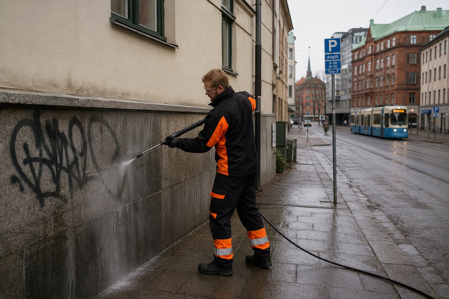 Klottersanering på en gata i Göteborg med spårvagn i bakgrunden